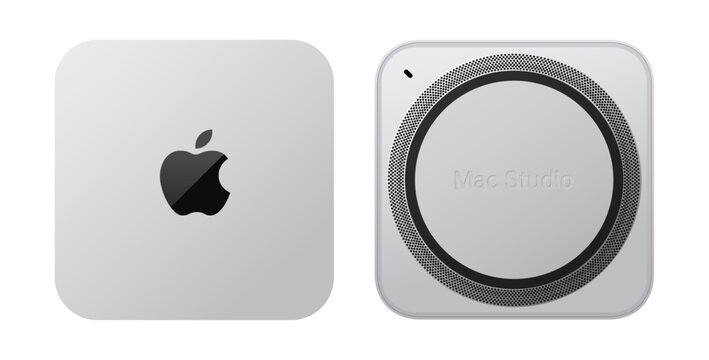 Apple Mac Studio with M1 chip, top view, realistic vector illustration. Mac Studio is a small-form-factor workstation designed, manufactured, and sold by Apple Inc