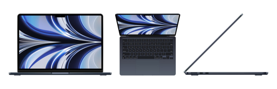 Set of new Apple MacBook Air with M2 chip in midnight color, realistic vector illustration. The MacBook Air is a line of laptop computers developed and manufactured by Apple