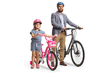 Naklejka premium Father and daughter standing next to bicycles