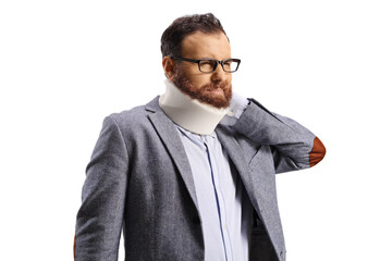 Bearded man with a cervical collar holding his neck