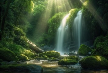 Fototapeta na wymiar A waterfall in the forest with the sun shining through the trees Natural waterfall with rocks moss