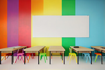 Modern school desks near color wall. Generative Ai