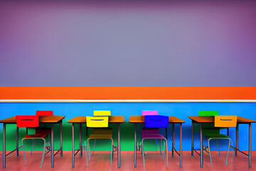 Modern school desks near wooden wall. Generative Ai