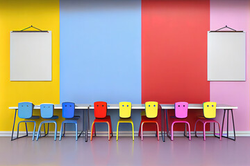 Modern school desks near color wall. Generative Ai
