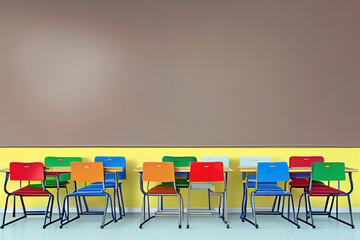 Modern school desks near wooden wall. Generative Ai