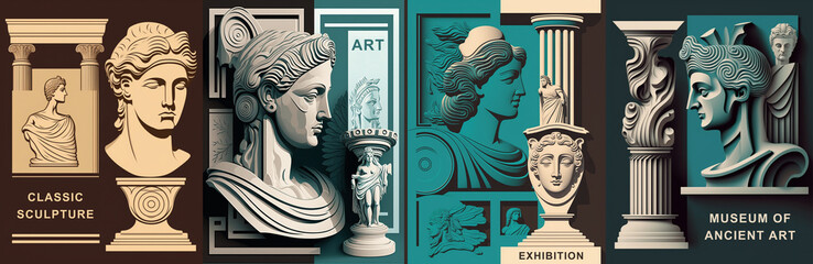 Ancient sculptures and bust illustrations for museum banner in brown green blue colors. Classic antique statues art for history exhibition. Generative AI