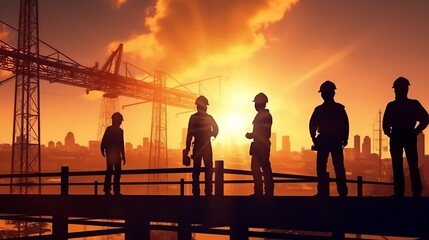 Naklejka na ściany i meble Silhouettes of Engineers and workers inspecting a project on a building site background, construction site at sunset, Generative AI
