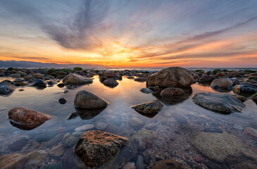 Fototapeta na wymiar Sunset Ocean Tide Pool Rocks Landscape High Resolution