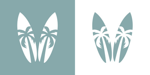 Logo club de surf. Tablas de surf con la palma en espacio negativo