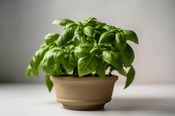 Fototapeta premium Green basil in a pot top view. Generative AI