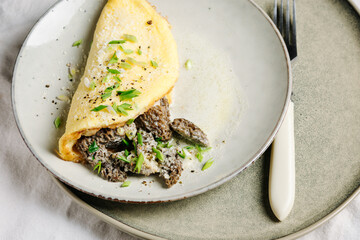 Omelette with morel mushrooms.