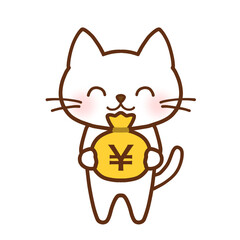 お金の袋を抱えてニッコリ笑う白猫