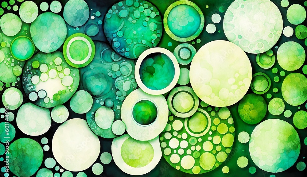 Wall mural cells, virus or bacteria under the microscope, abstract artistic green and yellow watercolor illustr