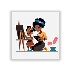 Drawing Flat illustration. Mother Love Daughter Learning  Drawing Vector Design