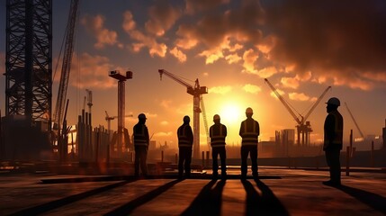Fototapeta na wymiar Silhouettes of Engineers and workers inspecting a project on a building site background, construction site at sunset, Generative AI