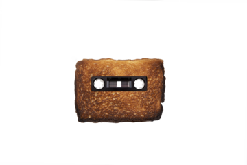Retro tape cassette in the shape of a toast of bread. Creative idea illustrating hot music for morning routine