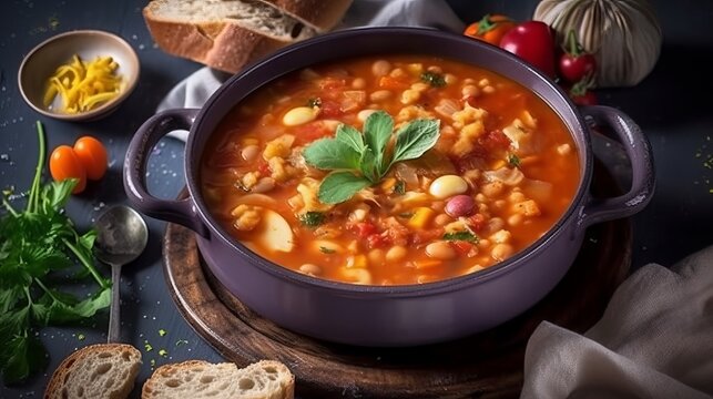 Homemade minestrone soup made of vegetables and legume. Minestrone soup with mix of vegetables