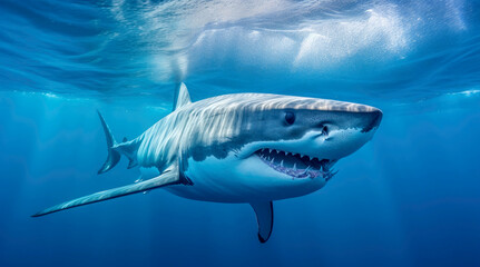 Photo of a Great Shark swimming in blue water, side view