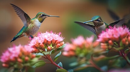 Fototapeta na wymiar Hummingbirds And Pink Flowers