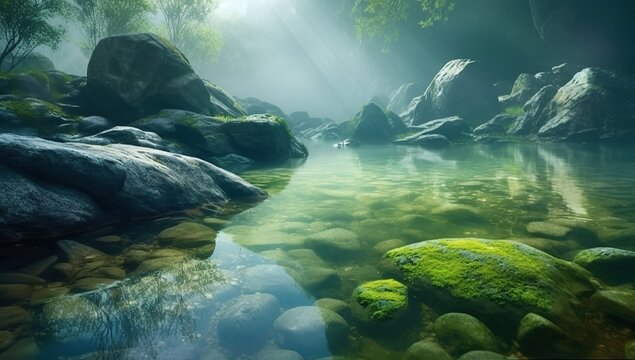A river in the forest with the sun shining on it Green forest and forest stream at sunset