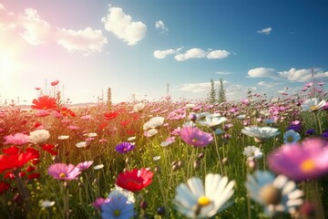 A field of flowers with a blue sky and the sun behind it Illustration of a flower meadow in spring - obrazy, fototapety, plakaty