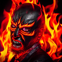 "A menacing portrait of a devil with a blackened face, surrounded by flames. This generative AI generated image captures the intense heat and fiery energy of the underworld