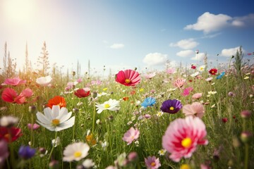 A field of flowers with a blue sky and the sun behind it Illustration of a flower meadow in spring