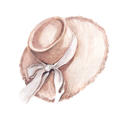 Beach hat with a ribbon on a white background. Watercolor drawing. isolated object. Summer vacation in a tropical resort.