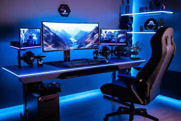 Gaming PC room with led lights in different colors. Ai generated illustration. - obrazy, fototapety, plakaty