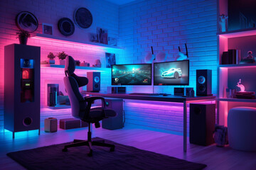 Gaming PC room with led lights in different colors. Ai generated illustration.