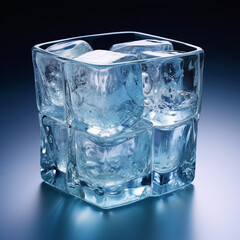  glass with ice cubes on blue background