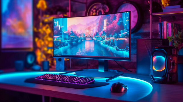Gaming PC room with led lights in different colors. Ai generated illustration.