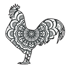 illustration of a rooster with a background.Vector animal mandala coloring page for adult