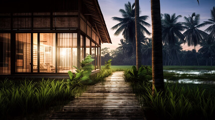 A house minimal style in the countryside of Thailand made of wood, made from cheap materials or savings that can be found locally, among the rice fields, realistic and detailed landscape, night view, 