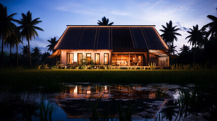A house minimal style in the countryside of Thailand made of wood, made from cheap materials or savings that can be found locally, among the rice fields, realistic and detailed landscape, night view, 