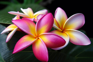 A beautiful plumeria flower captured close-up with a vibrant green background. Generative AI.