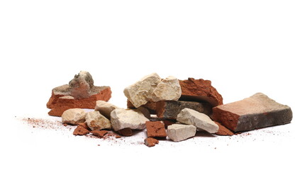 Pile shattered red tiles pieces and stone isolated on white, side view  