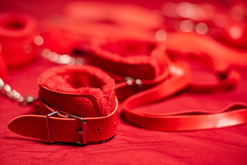 Red Bondage Gear on Red Satin Sheets, Shallow Focus
