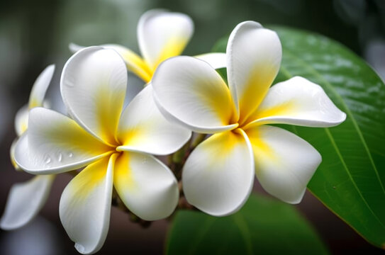 Close-up photo of a plumeria flower with delicate petals. Generative AI.