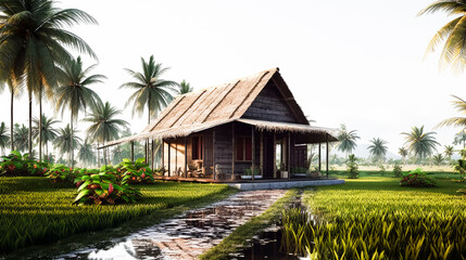 A house minimal style in the countryside of Thailand made of wood, made from cheap materials or savings that can be found locally, among the rice fields, realistic and detailed landscape, night view, 
