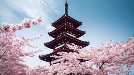  traditional japanese pagoda with blossoming cherry trees. Generative AI