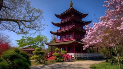  traditional japanese pagoda with blossoming cherry trees. Generative AI
