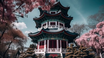  traditional japanese pagoda with blossoming cherry trees. Generative AI