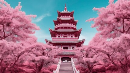  traditional japanese pagoda with blossoming cherry trees. Generative AI