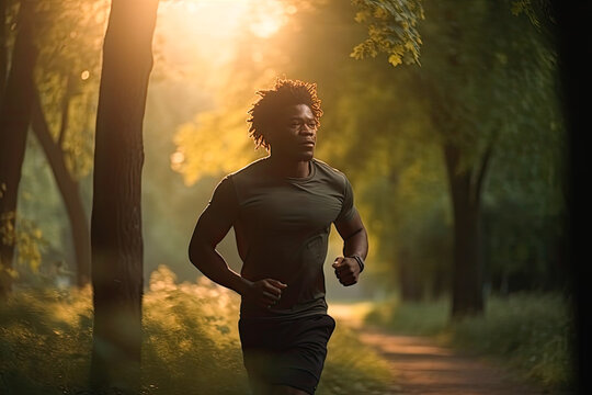 African american man running in forest at dusk, Generative AI