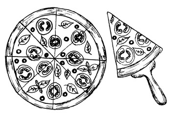 Set of hand drawn doodle line art black vegetarian round pizza and slices of fast street food.isolated