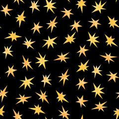 A lot of watercolor yellow stars as seamless pattern on black backgound.Print bithday, b-day,christmas, new year cards,invitations.Aquarelle design elements