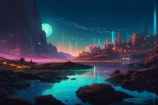 Futuristic, town with Neon lights on edge of  calm reflecting lake on Mars.