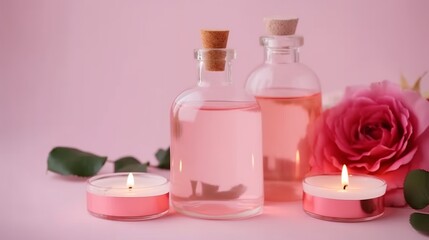 Fototapeta na wymiar Spa set. Bottles of essential oil, roses and scented candles on pink background