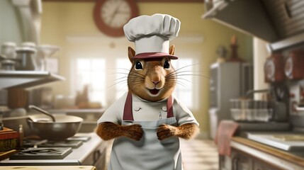 A realistic and winsome squirrel dressed as a skilled chef  - Generative AI